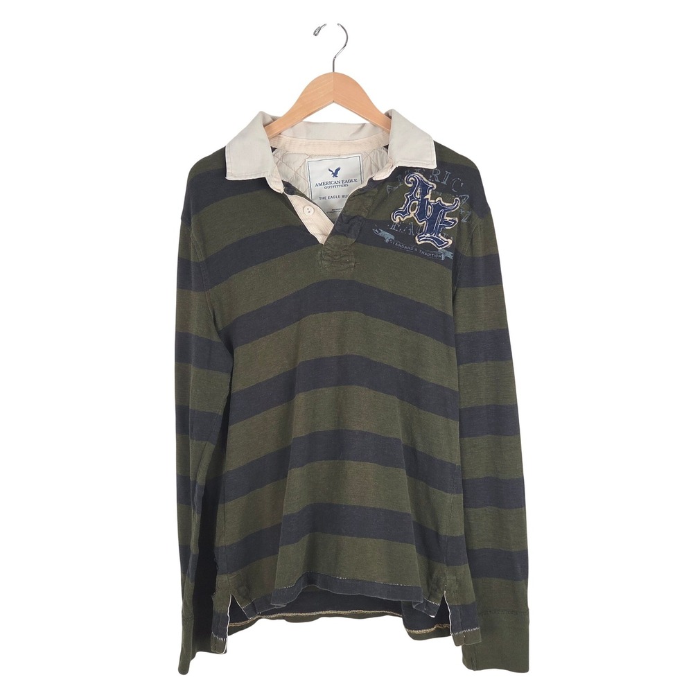 American Eagle Y2K Mens Green Striped Embroidered Rugby Polo Shirt L Blokecore‎